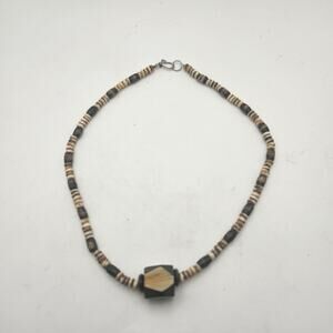 Wooden Beaded Necklace Brown Tan Geometric Pendant Boho Tribal Hook Clasp Rustic